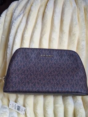 Michael Kors Brown Logo Print Cosmetic Case with Gold Hardware